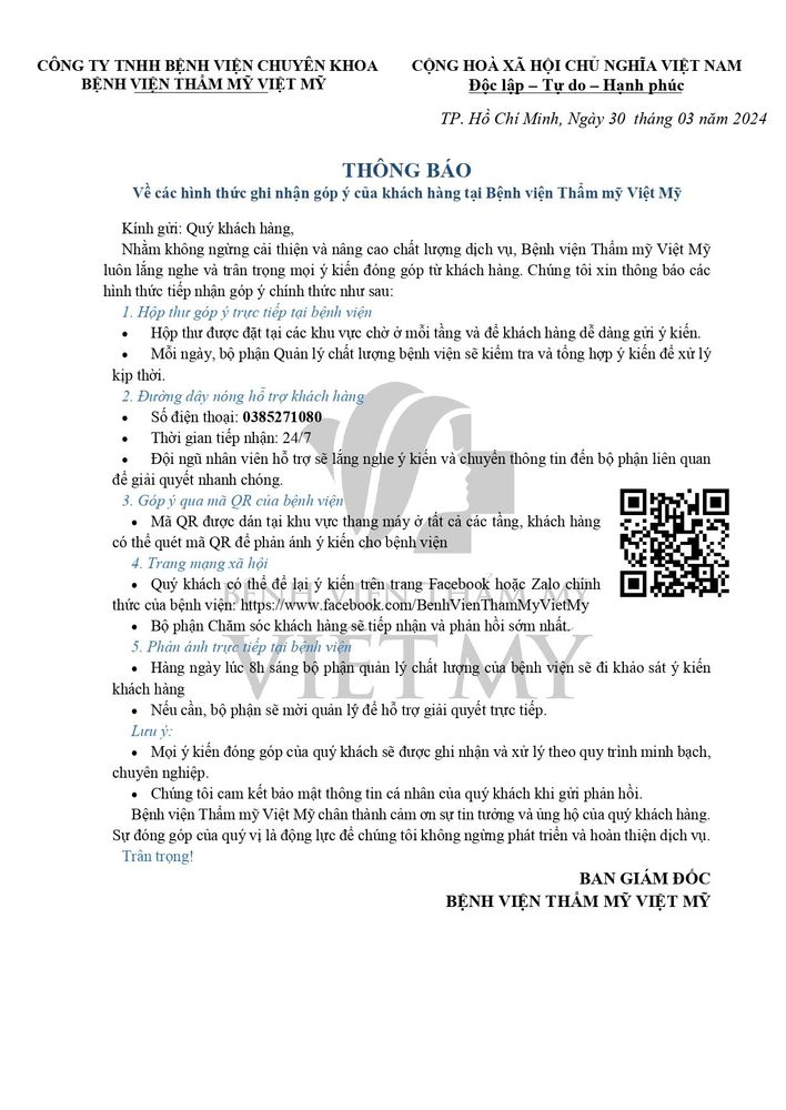 Thông báo các hình thức ghi nhận góp ý của khách hàng tại Bệnh viện Thẩm mỹ Việt Mỹ